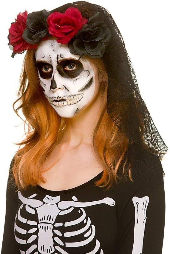 Gótikus Halloween Hajpánt, Csontváz Díszítéssel , Sötét Piros & Fekete Rózsákkal
