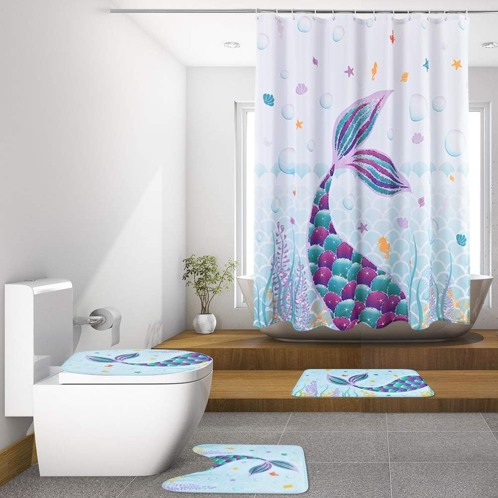 Fürdőszobai sellő szett Zuhanyfüggöny - WC borítás és szőnyeg- Fürdőszőnyeg