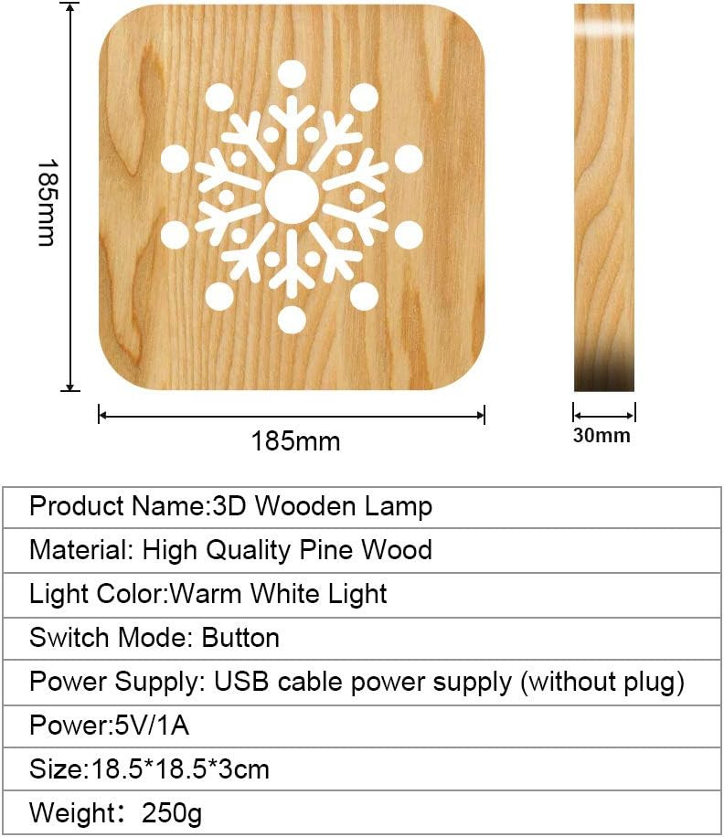 3D LED Fa Hópehely Mintás Dekor Éjjeli Lámpa - USB Tölthető, Újracsomagolt termék