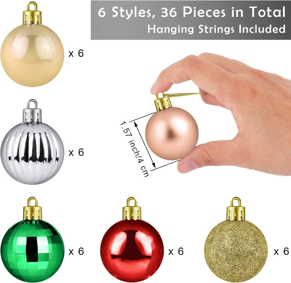 36 db 40 mm-es karácsonyi díszgömb készlet, törhetetlen karácsonyfa díszek, különböző stílusban - színben