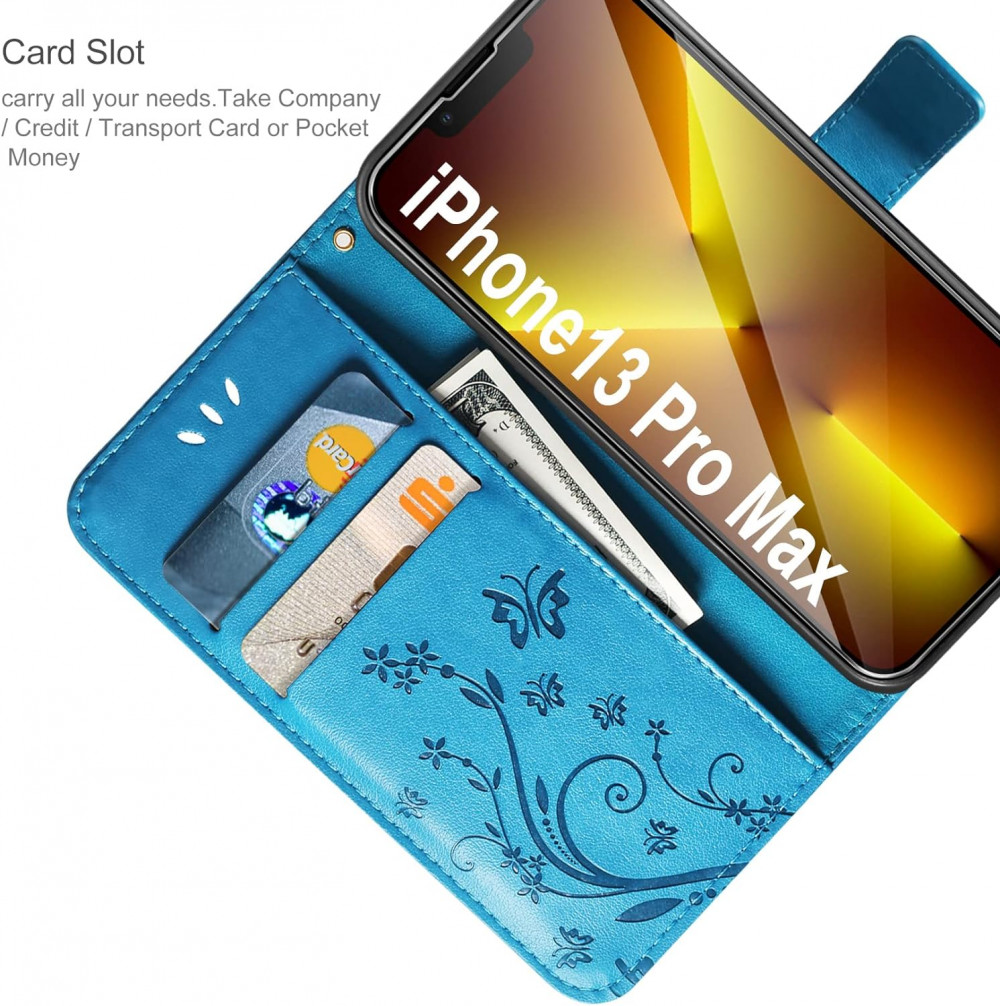 AROYI iPhone 13 Pro Max-hez, Kártyatartóval és Állvánnyal, Kék