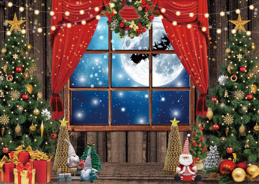 Karácsonyi Háttér fotózáshoz - Téli Holdfényes Fa Ablak és Mikulás Dekor 210 x 150 cm
