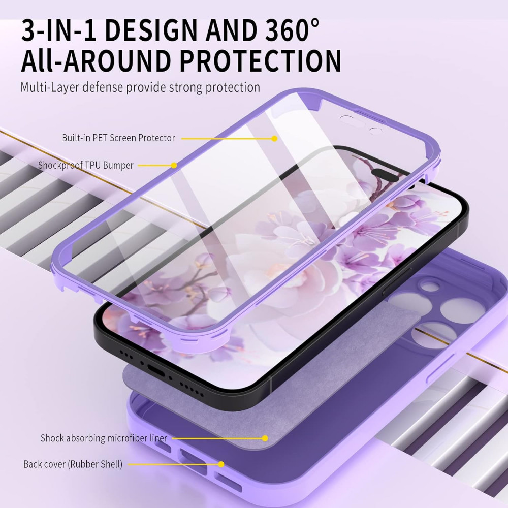 iPhone 14 Pro Szilikon Tok Beépített Kijelzővédővel (Lila)