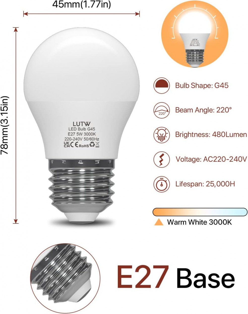 LUTW E27 LED Izzó, 480 lm ,5W , Meleg Fehér 3000k, 6db