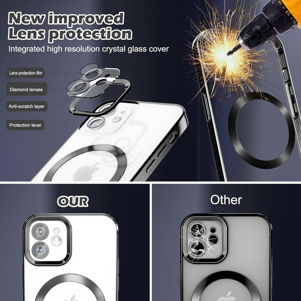 iPhone 12 Szilikon Tok, Kameravédővel és 2 db Kijelzővédő fóliával, MagSafe Kompatibilis (Fekete-Átlátszó)
