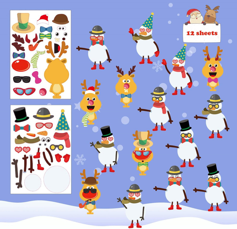 12 lapos Karácsonyi ,Hóember, Rénszarvas matricák gyerekeknek, játékokhoz, ideális saját elkészitésű karácsonyi dekorációhoz 