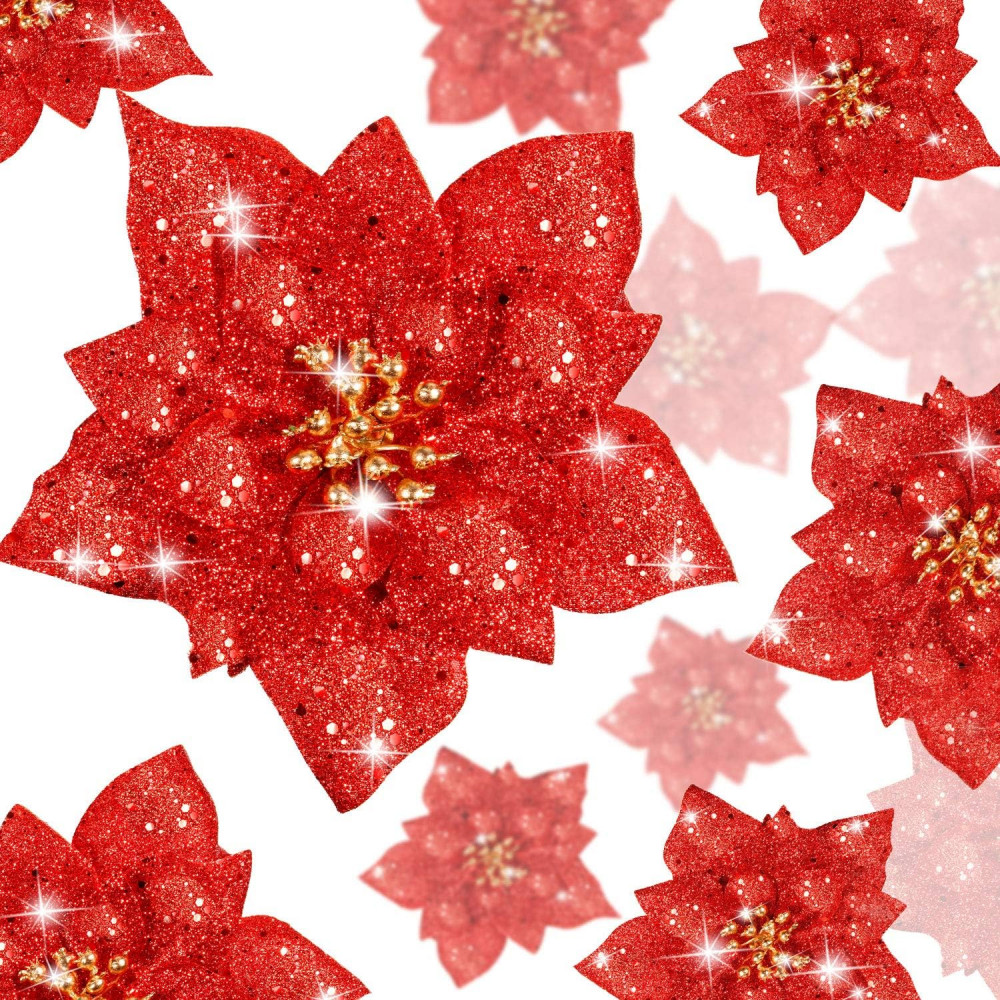 24 darabos Csillámos Műanyag Mikulásvirág dekoráció , Karácsonyi virágok , Piros Színben, Különböző Méretekben