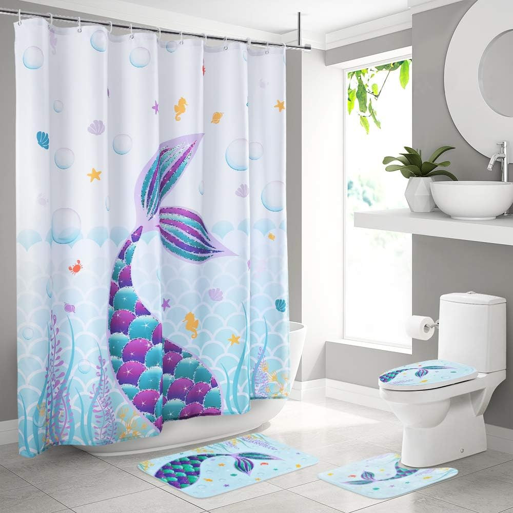 Fürdőszobai sellő szett Zuhanyfüggöny - WC borítás és szőnyeg- Fürdőszőnyeg