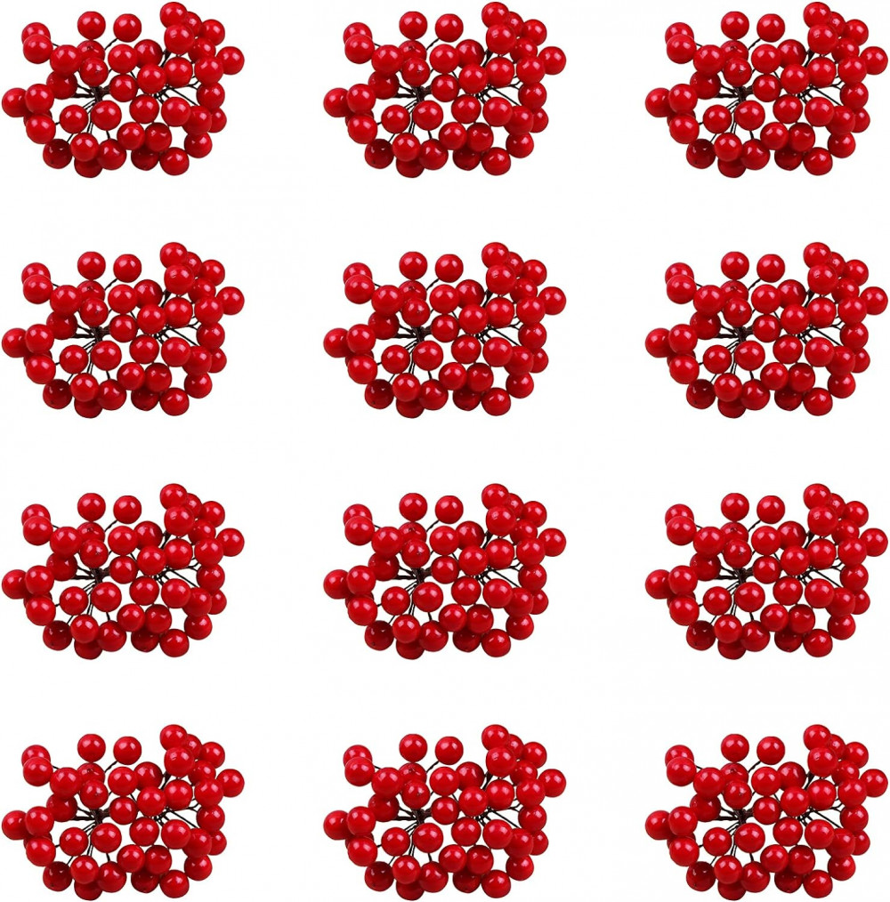 GLAITC Mesterséges Karácsonyi Bogyók, 480 darabos csomag, Piros Jégvirág Bogyó Ágak, Dekoráció Újracsomagolt termék