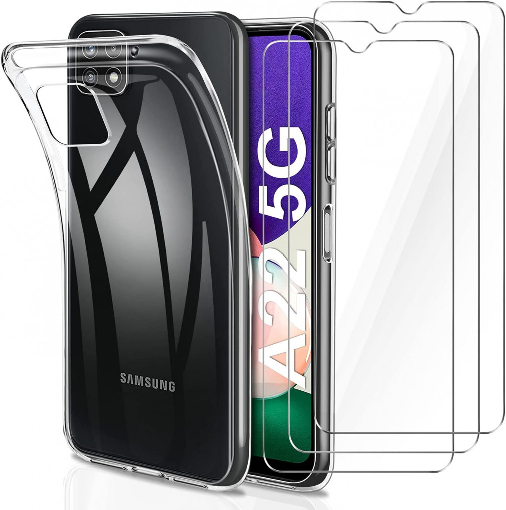 Samsung Galaxy A22 5G Átlátszó Szilikon TPU Védőtok + 3 Védőfólia, Ütésálló és Karcolásbiztos