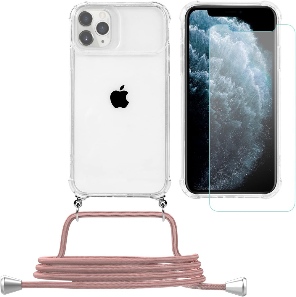iPhone 11 Pro Ütésálló Szilikon Tok Rózsaszín Nyakba Akasztható Pánttal (Víztiszta)