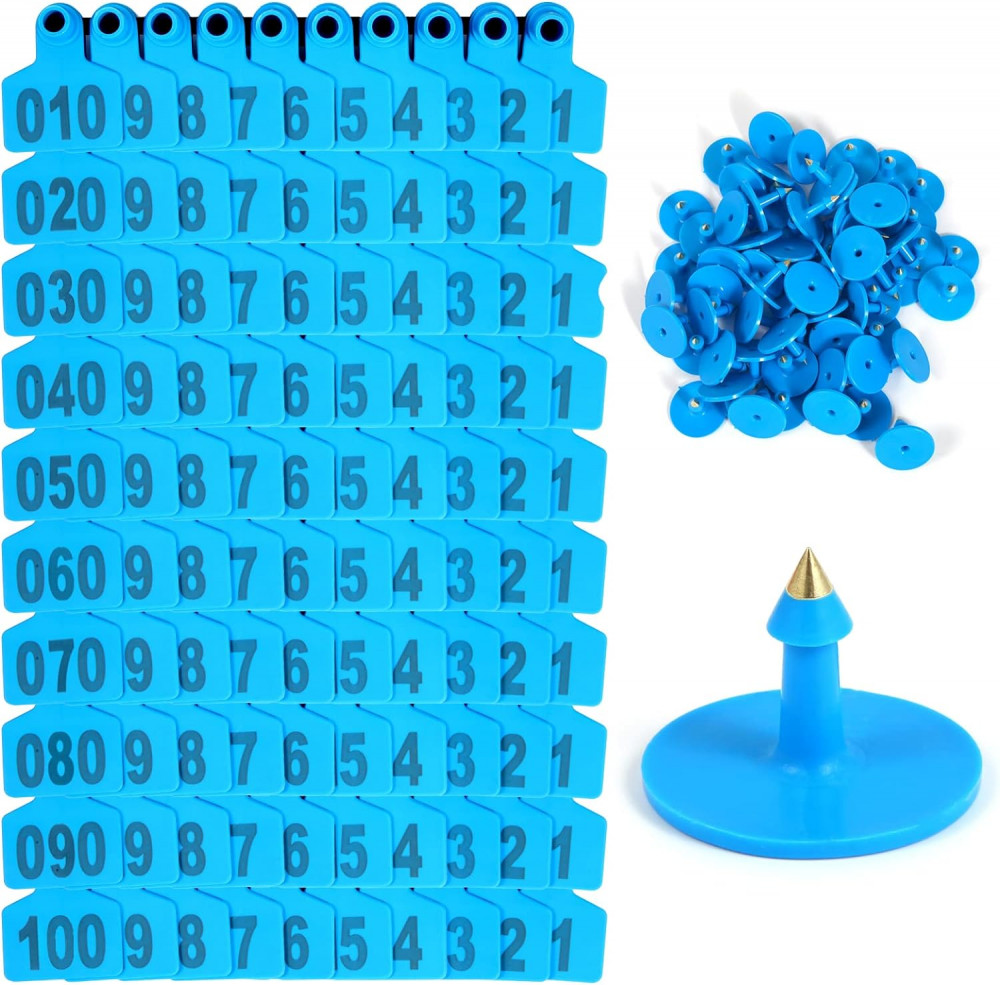100 darabos kék műanyag állatfül címke szett, 001-100 számokkal, marhákhoz és más haszonállatokhoz