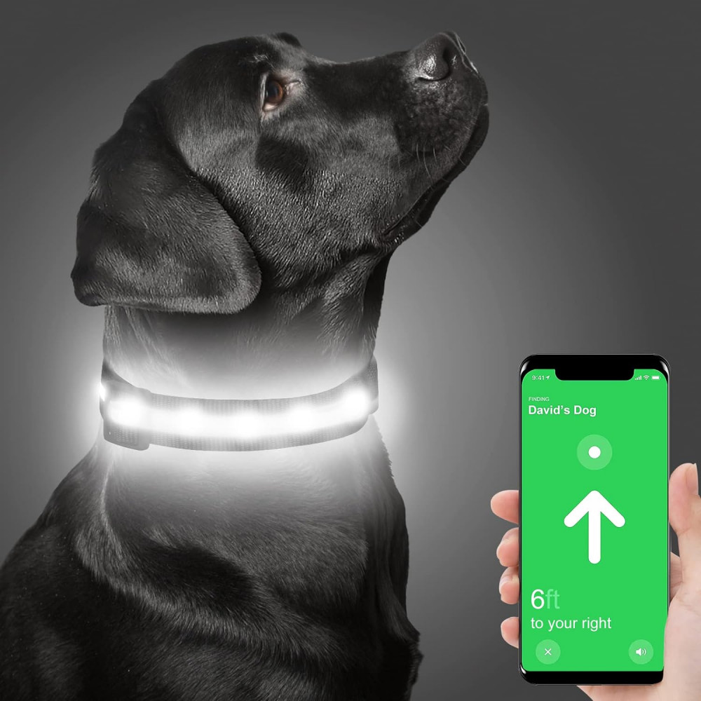 LED Világító Kutyanyakörv AirTag Tartóval, USB-vel Tölthető, Fekete - S-es méret Újracsomagolt termék