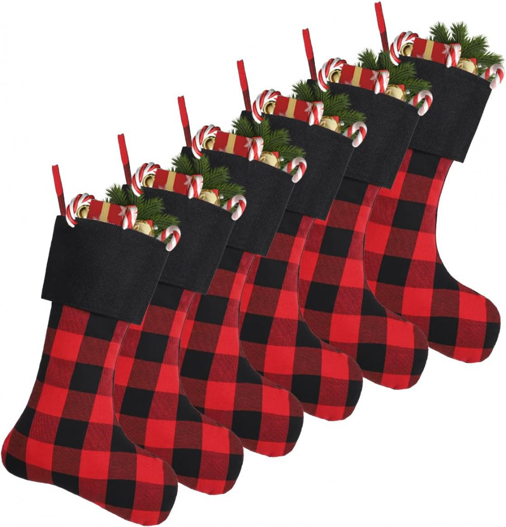 6 darab Karácsonyi zokni, 46 cm-es bivalykockás karácsonyi zokni, családi karácsonyi ünnepekre (fekete mandzsetta/piros és fekete kockás)