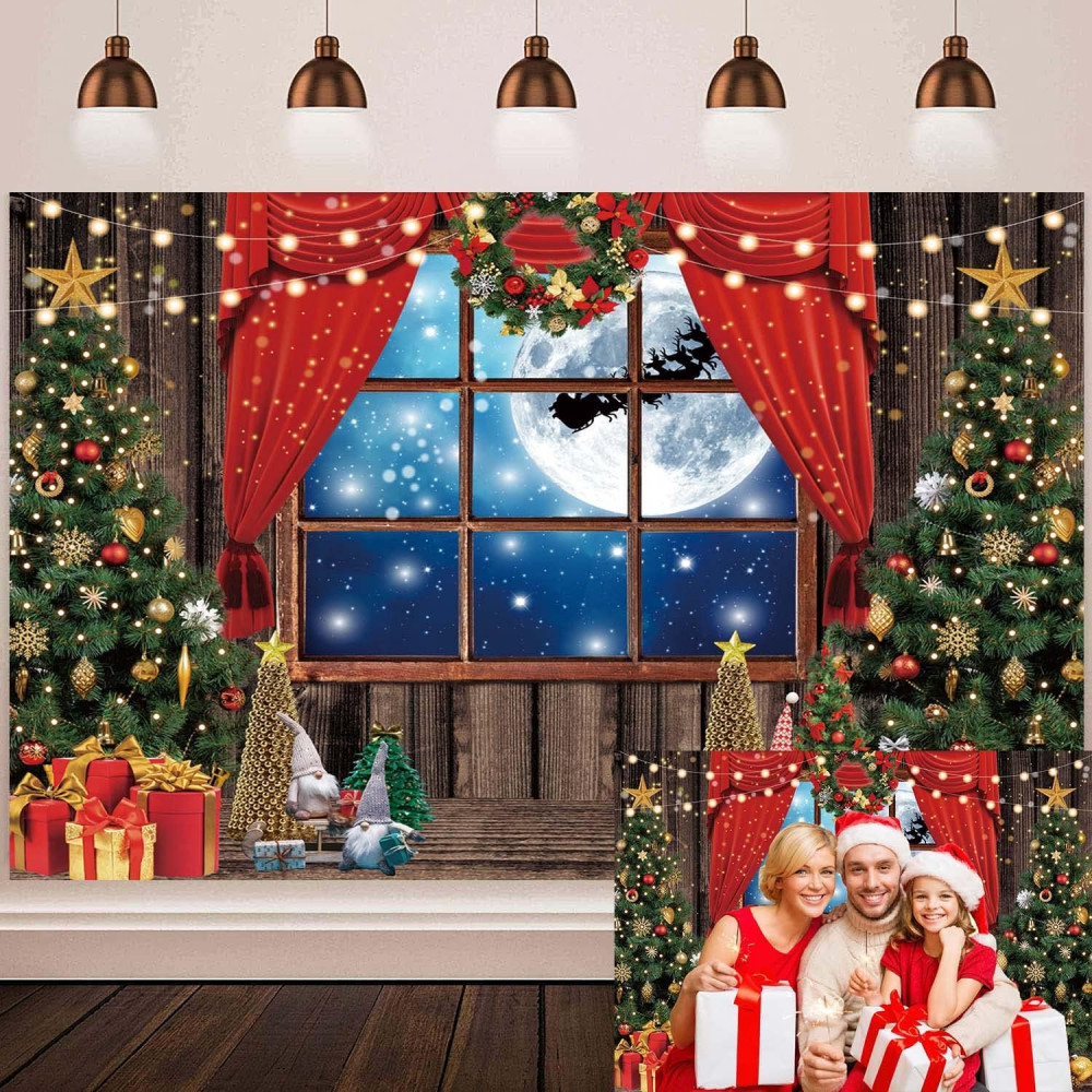 Karácsonyi Háttér fotózáshoz - Téli Holdfényes Fa Ablak és Mikulás Dekor 210 x 150 cm