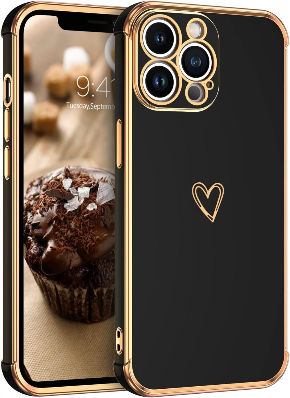 iPhone 12 Pro Max Ütésálló Szilikon Tok, Szívecskés Mintával (Fekete-Rosegold)