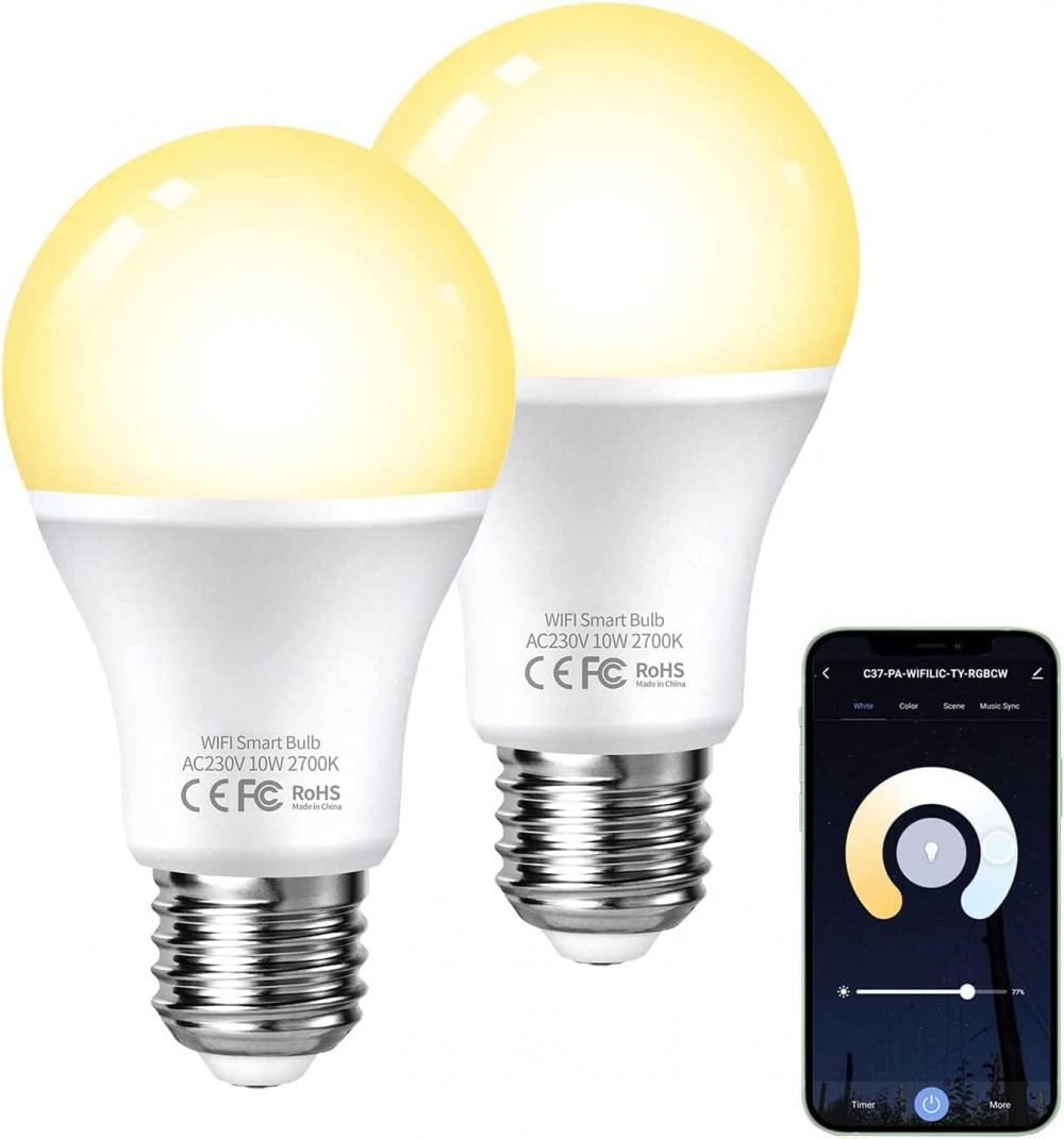 Fitop Okos LED Izzók E27, WiFi, Dimmelhető, 9W Meleg Fehér Fény, Appal Vezérelhető, 2 darabos csomag Újracsomagolt termék
