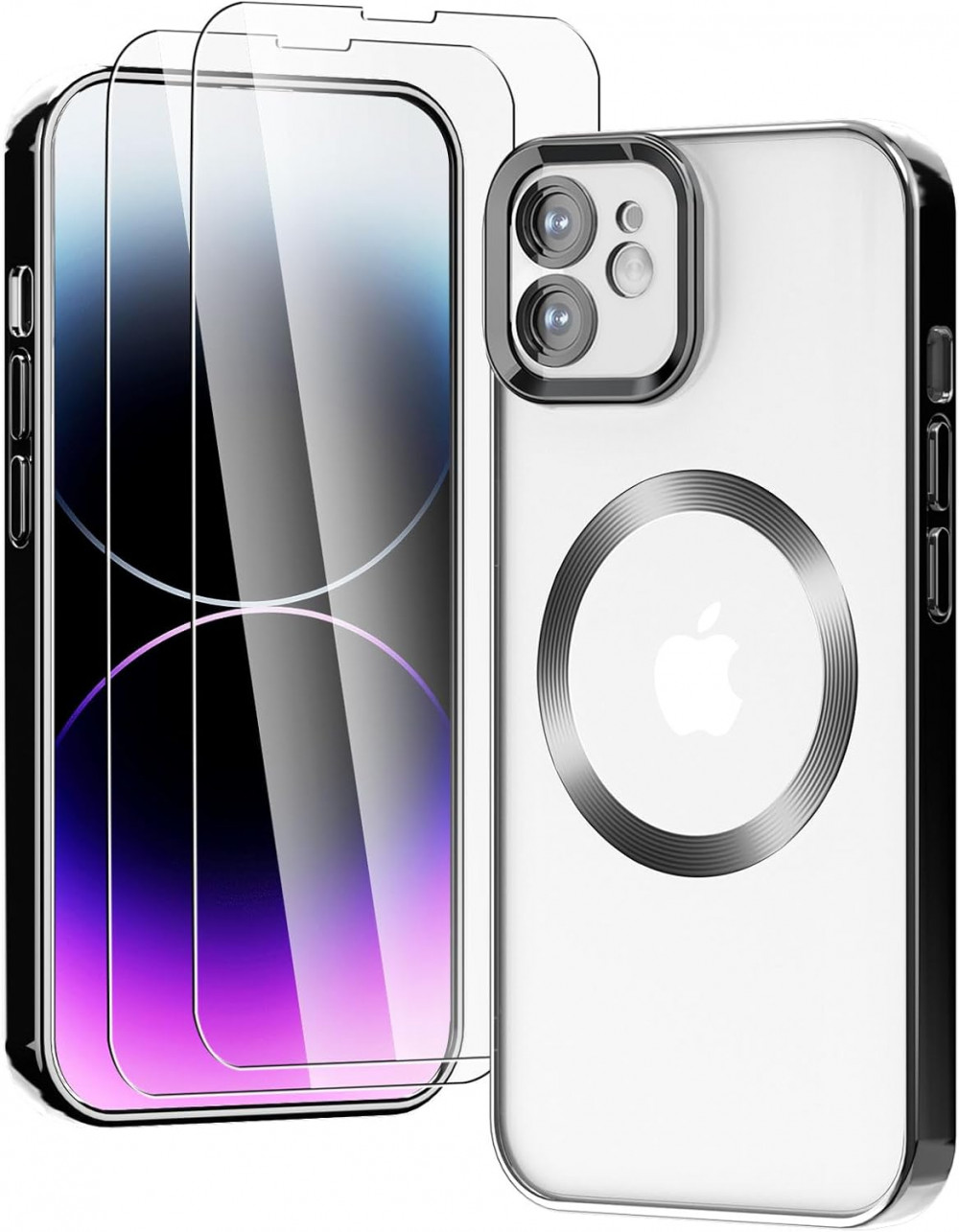iPhone 12 Szilikon Tok, Kameravédővel és 2 db Kijelzővédő fóliával, MagSafe Kompatibilis (Fekete-Átlátszó)