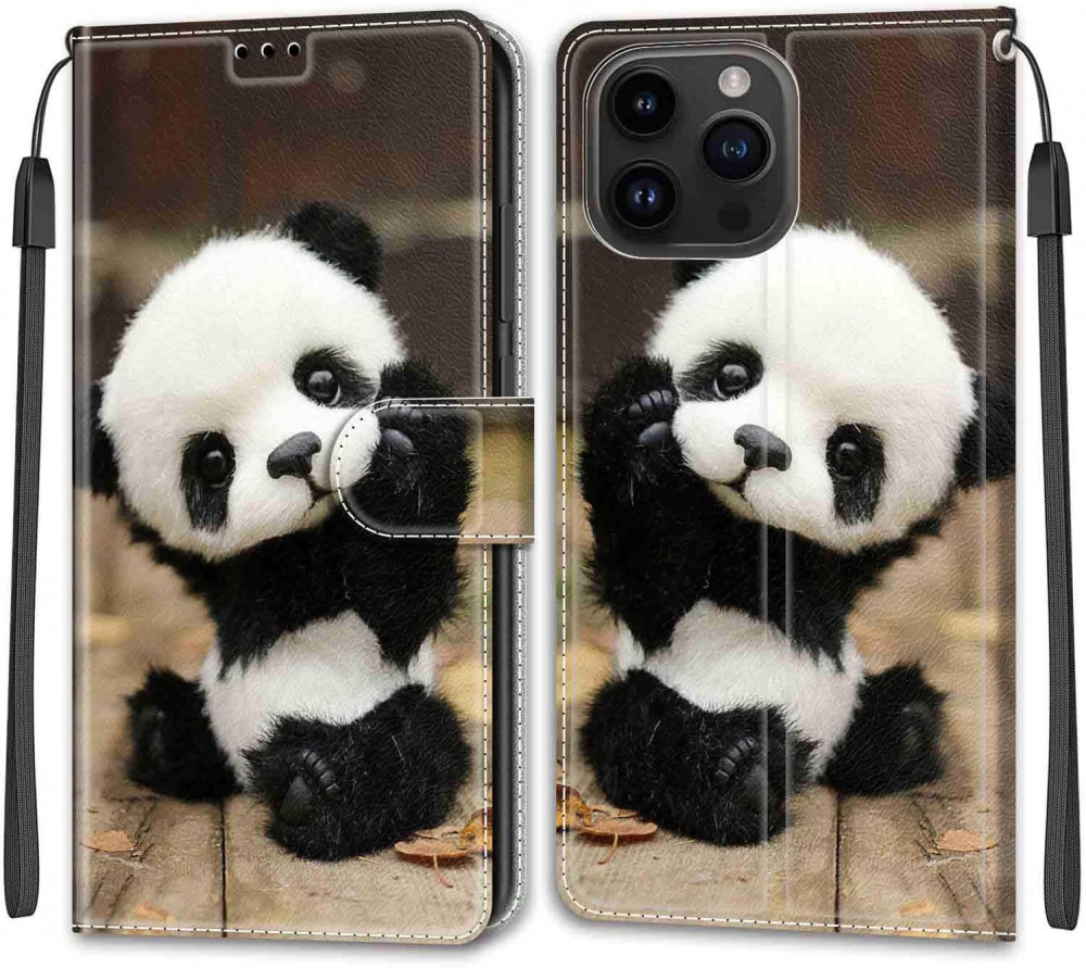 iPhone 15 Ultra Panda Mintás Bőr Flip Tok Kártyatartóval és Állvánnyal Újracsomagolt termék